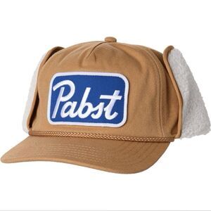 Pabst Blue Ribbon Beer Patch Trapper Snapback Hat Cap Winter Tan Mad Engine PBR